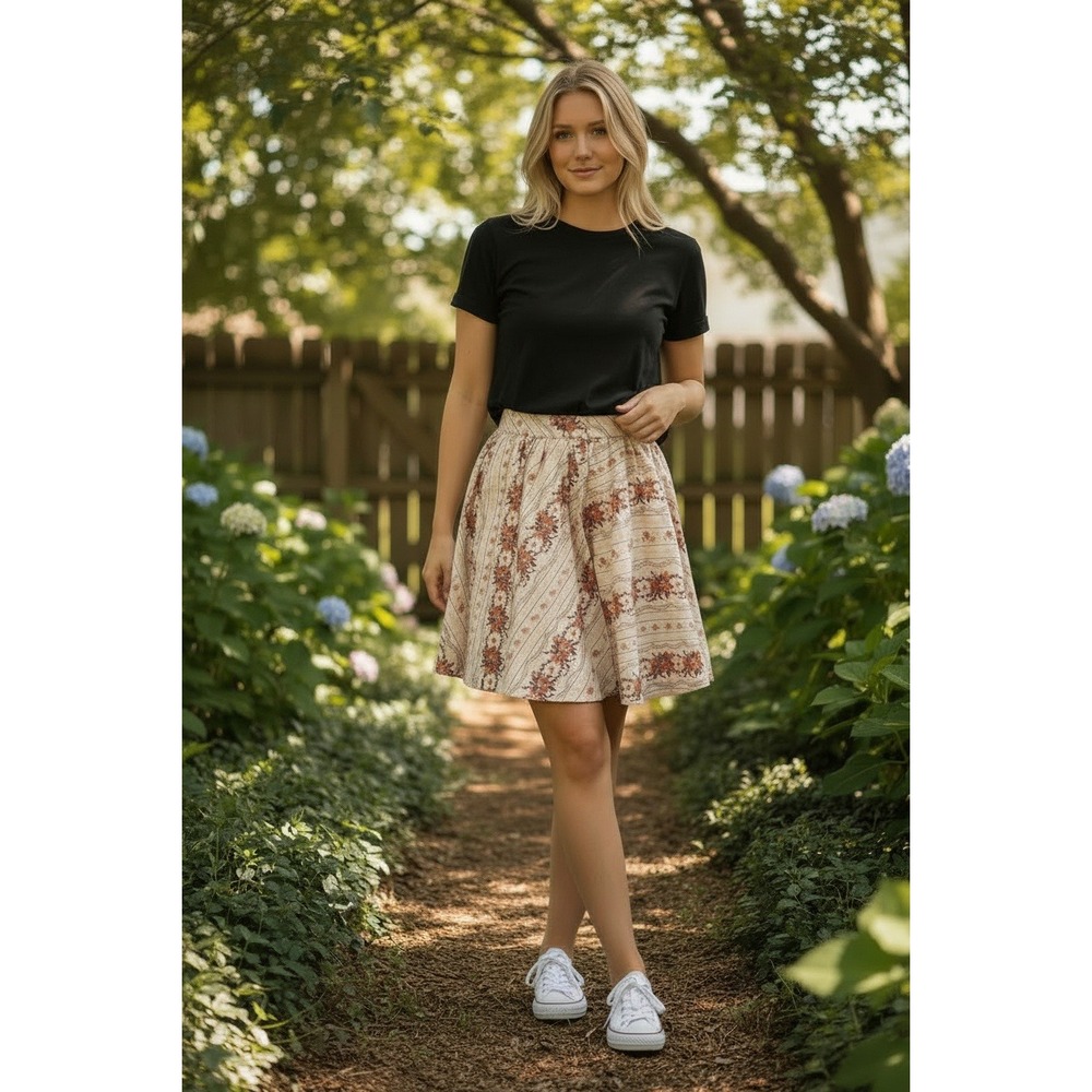 Free People Floral Stripe Pleated Mini Skirt Ivory Pink Orange Size S